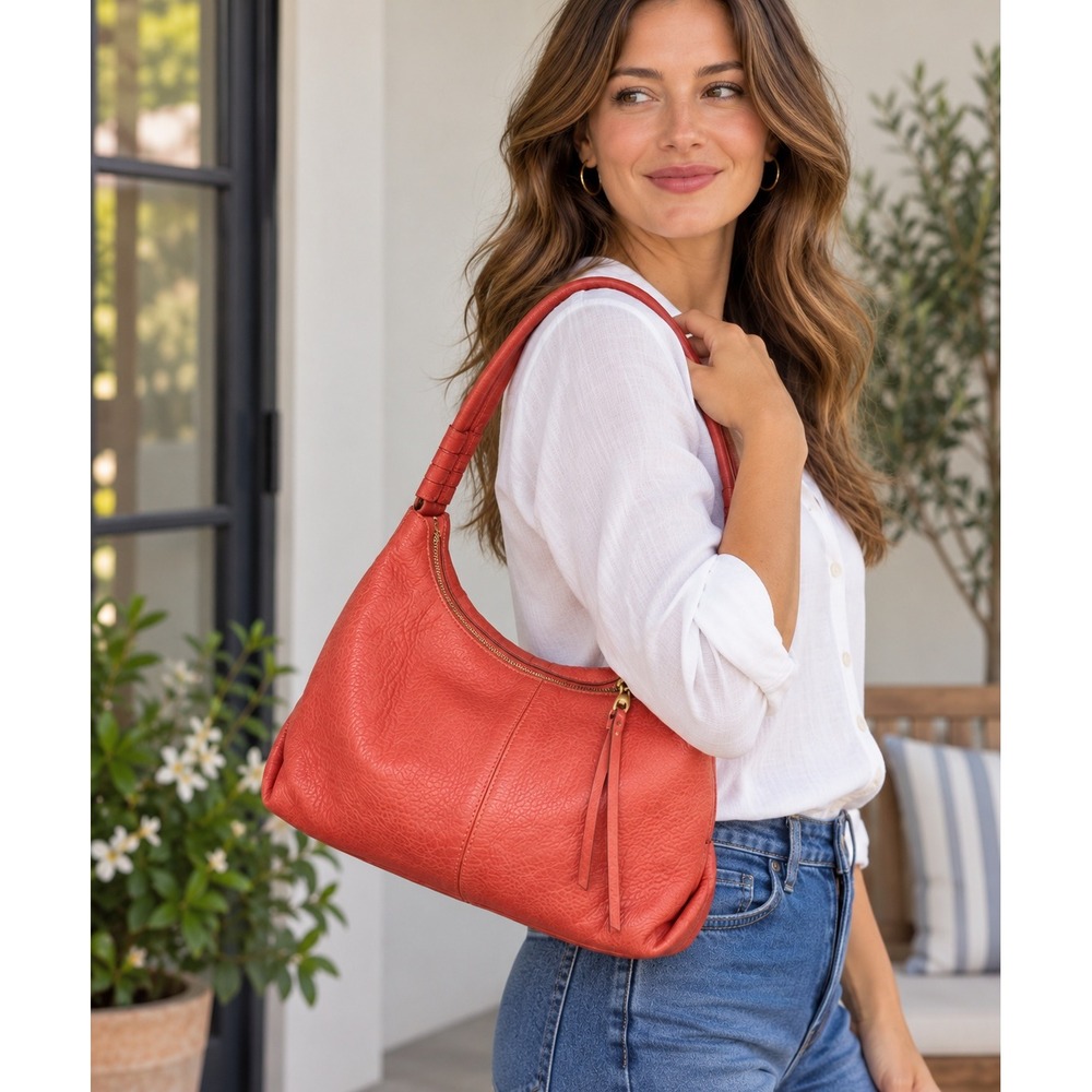 Hobo Shoulder Bag Womens Orange Leather Slouchy Zip Autumn Boho Lightweight